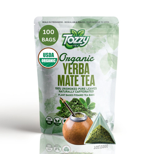Organic Unsmoked Yerba Mate Tea 100 Count (PlantBased Pyramid Tea Bags) Tozzy Tea