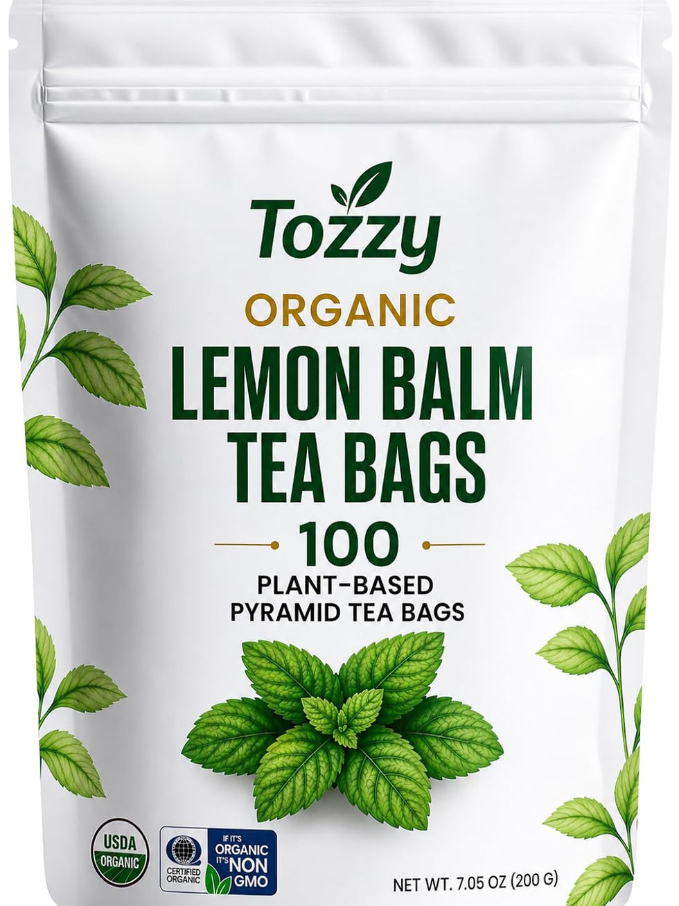 Tozzy USDA Organic lemon balm tea pouch with 100 plant-based pyramid tea bags and a light, gentle citrus-herbal flavor
