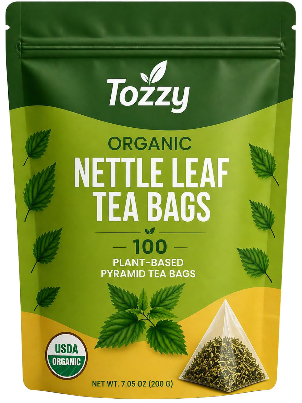 Tozzy USDA Organic nettle leaf tea pouch with 100 plant-based pyramid tea bags for a mild, earthy caffeine-free herbal cup