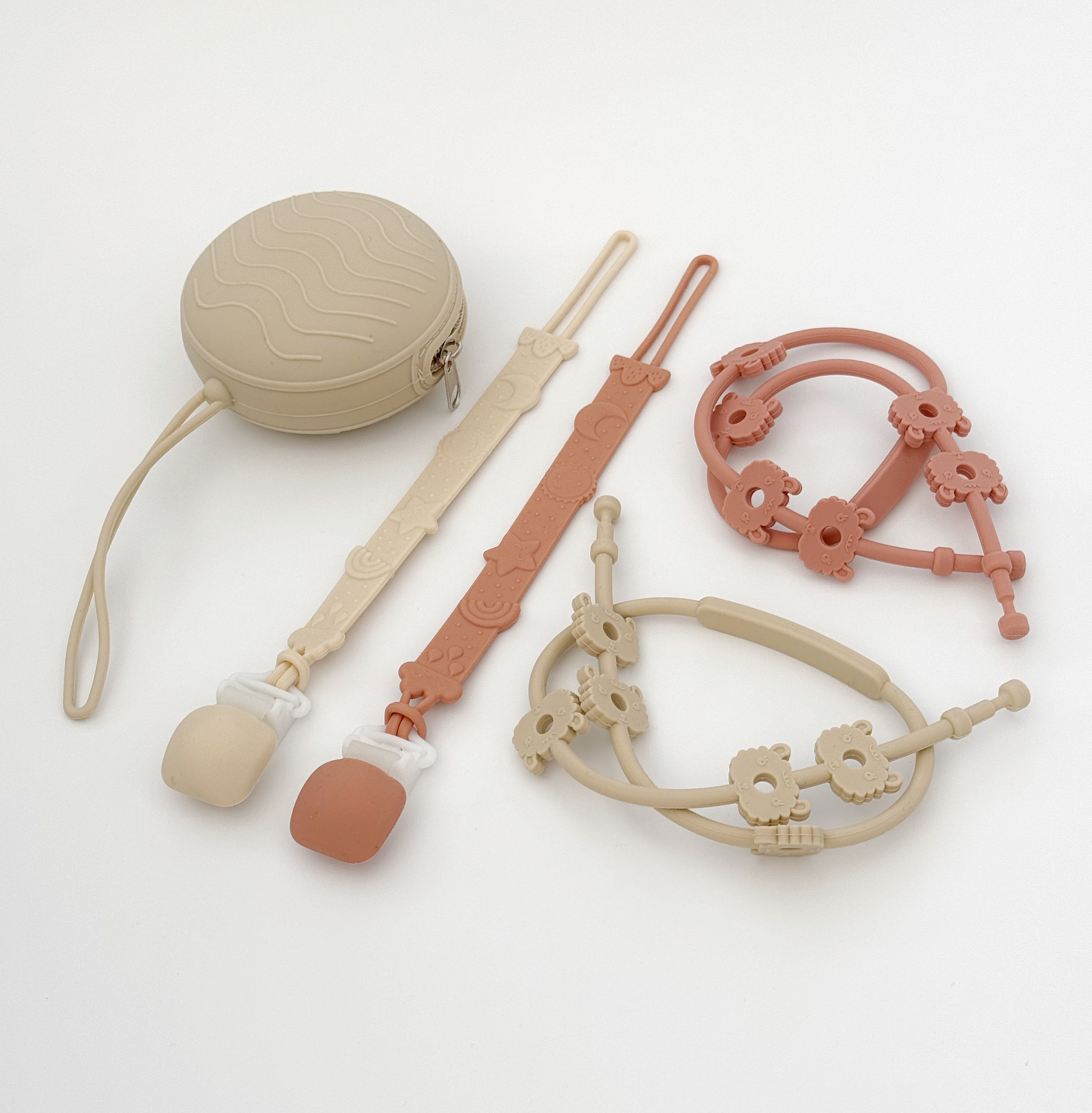 Pacifier Bag, Clip & Toy Chain Set, Mustard & Beige