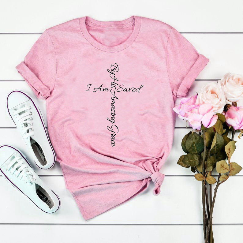 Thumbnail: T Shirt I am saved by His Amazing Grace Cross