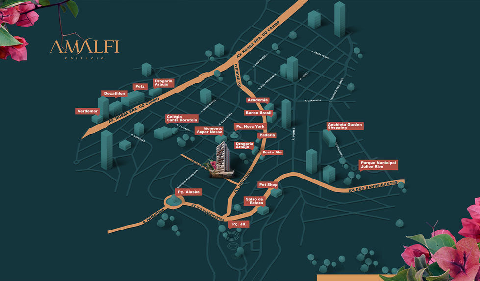 A imagem mostra, em formato de mapa em perspectiva, ruas e avenidas da região onde está localizado o edifício em BH. A composição traz elementos como flores e logotipo da identidade visual do Edifício Amalfi