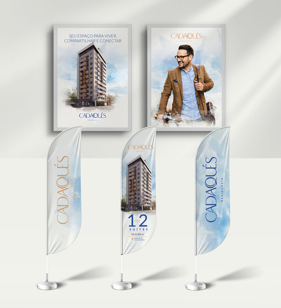 Widbanner com aplicação da identidade visual e logotipo. Com tipologia do empreendimento, logotipo e fachada. Material branco em um fundo branco