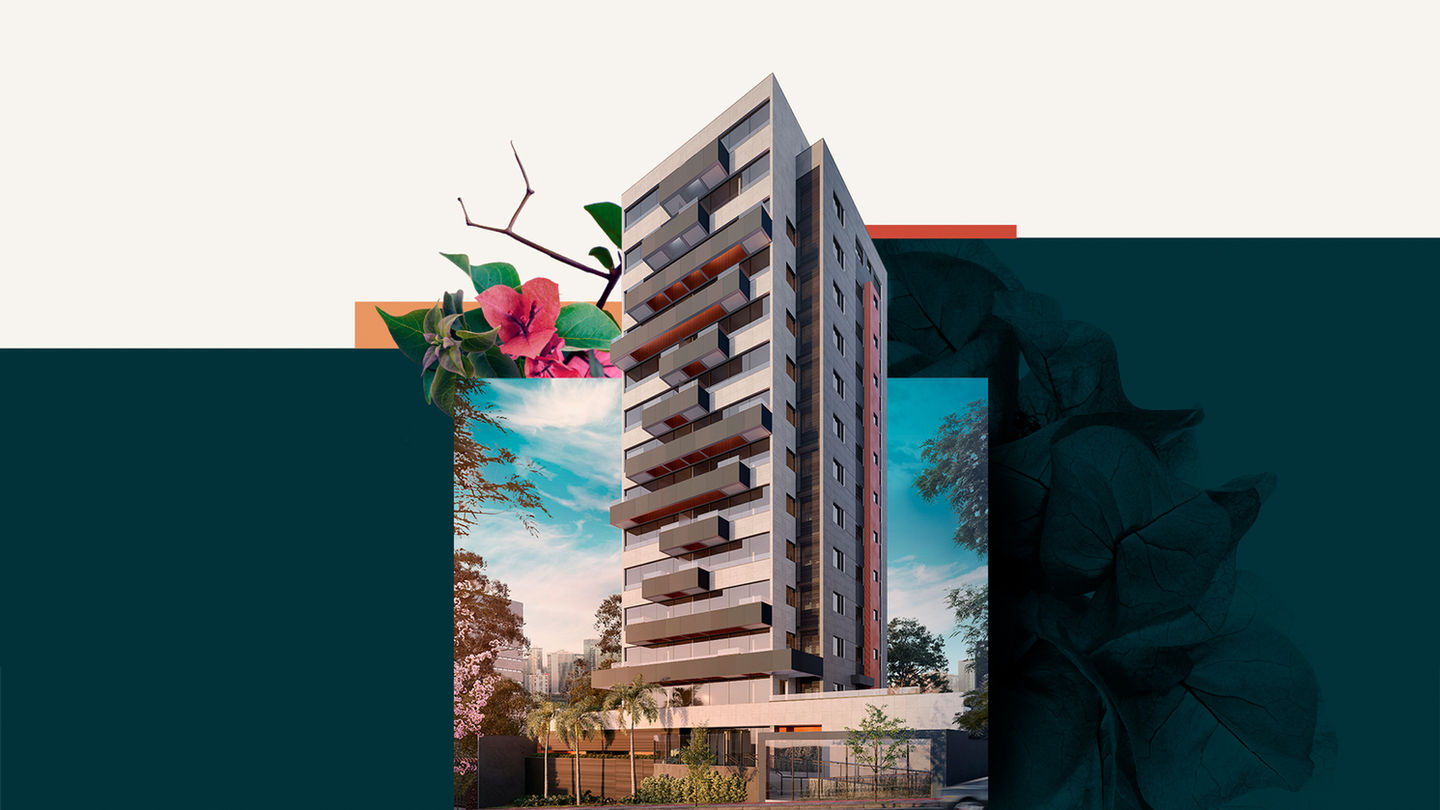 A imagem demonstra a composição do edifício, com flores, fundo na cor da identidade visual e logotipo