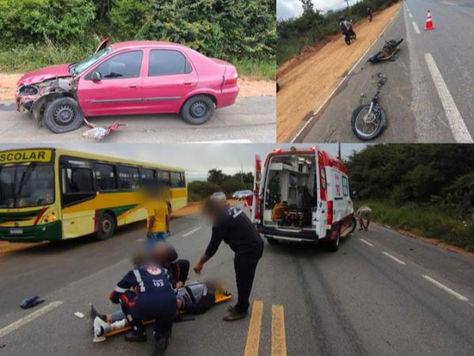 Moto se parte ao meio após colisão com carro na BR-430, entre Caetité e Igaporã.