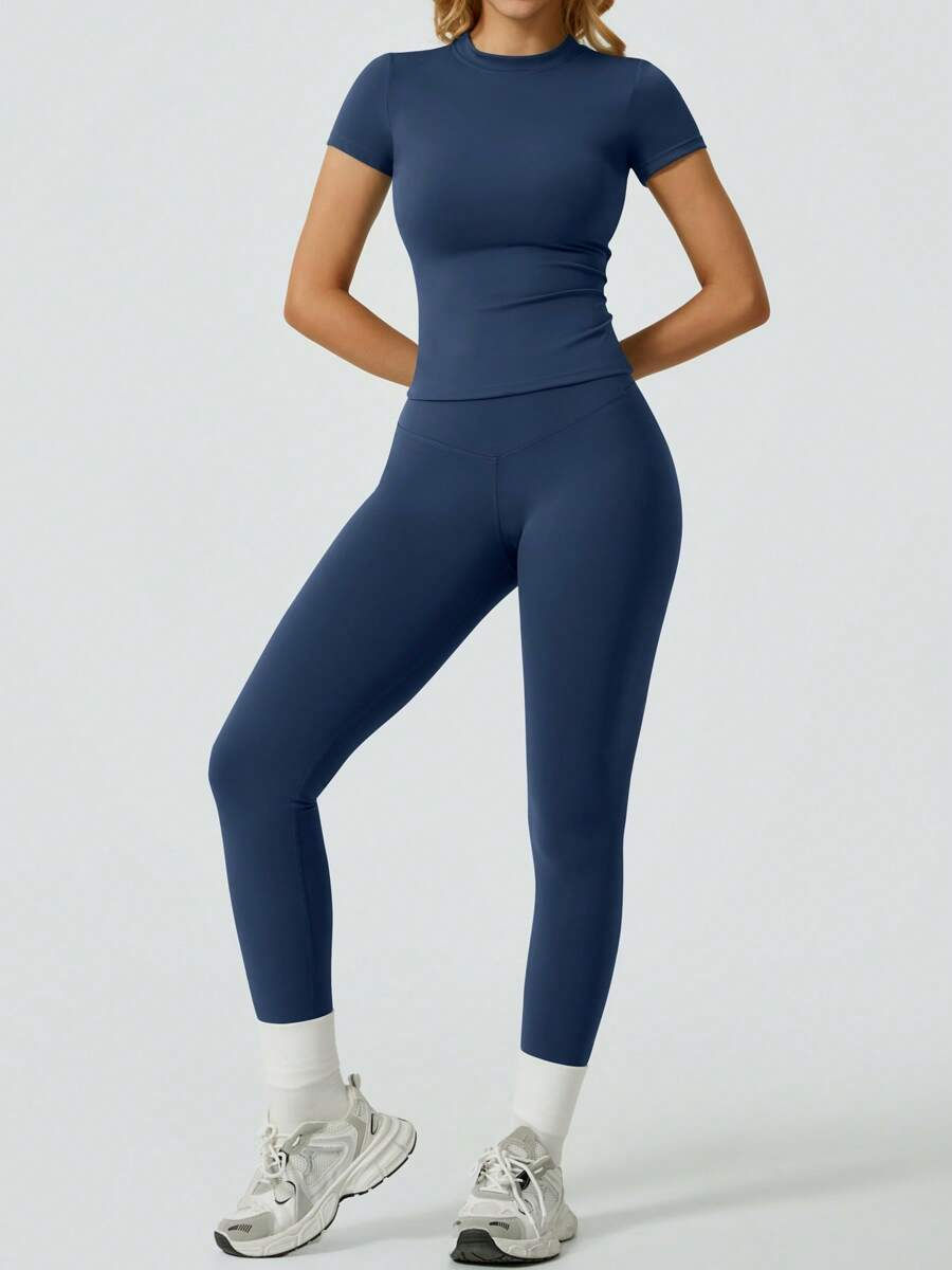 Thumbnail: 2 Piece Yoga Set Women Short Sleeve Top High Waist Leggings Gym Workout Clothing