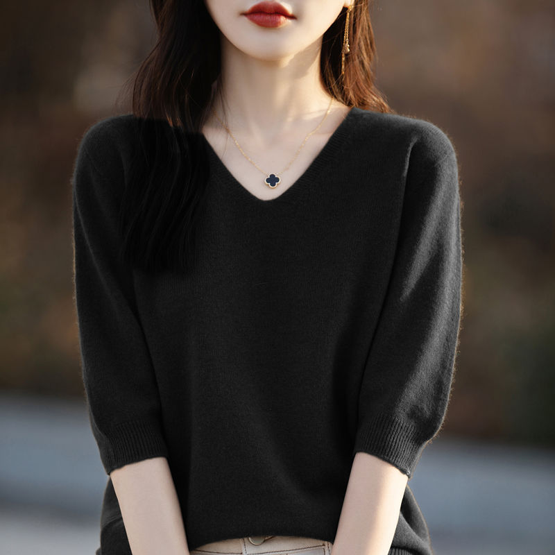 Thumbnail: RONGYI Spring/Summer 2024 Ladies Sweater Pullover Solid Color V-neck Half-sleeve