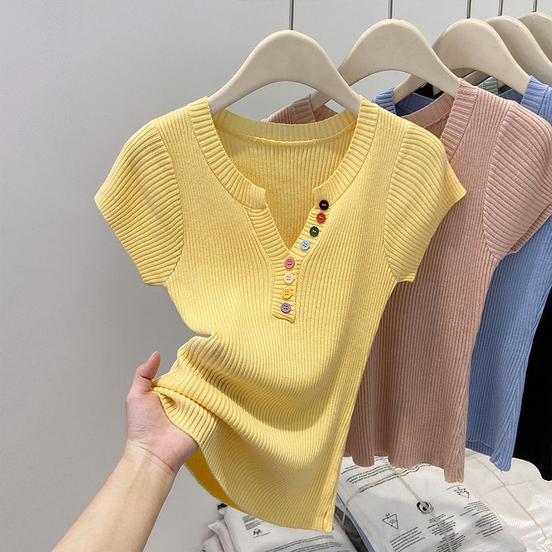 Thumbnail: Summer V-Neck Short Sleeve Thin Tshirts Women Pastel Colored Button Knitted T-Sh