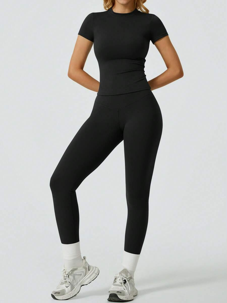 Thumbnail: 2 Piece Yoga Set Women Short Sleeve Top High Waist Leggings Gym Workout Clothing