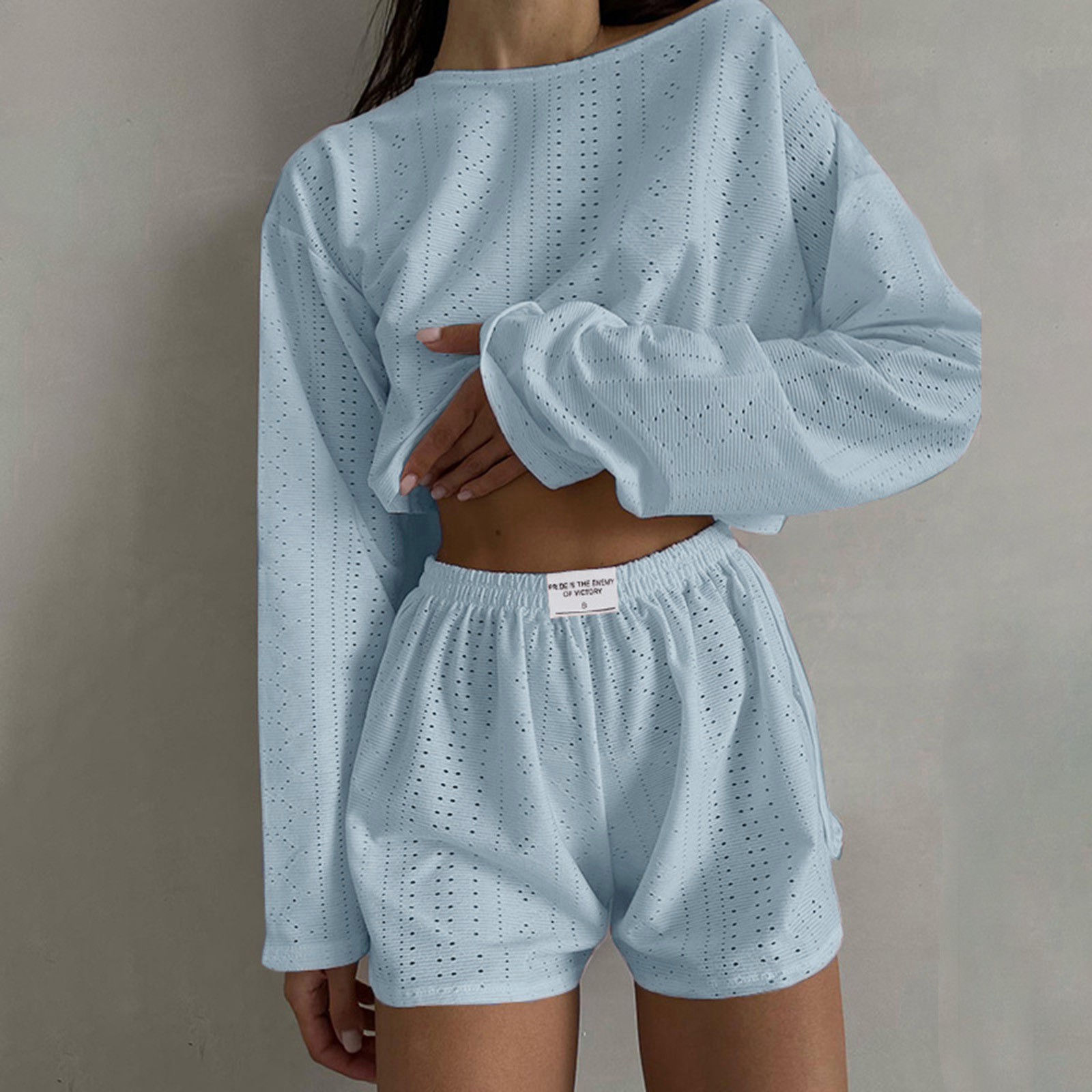 Womens Summer Fashion Casual Two Piece Outfits Casual Shorts Set O Neck Long Sle