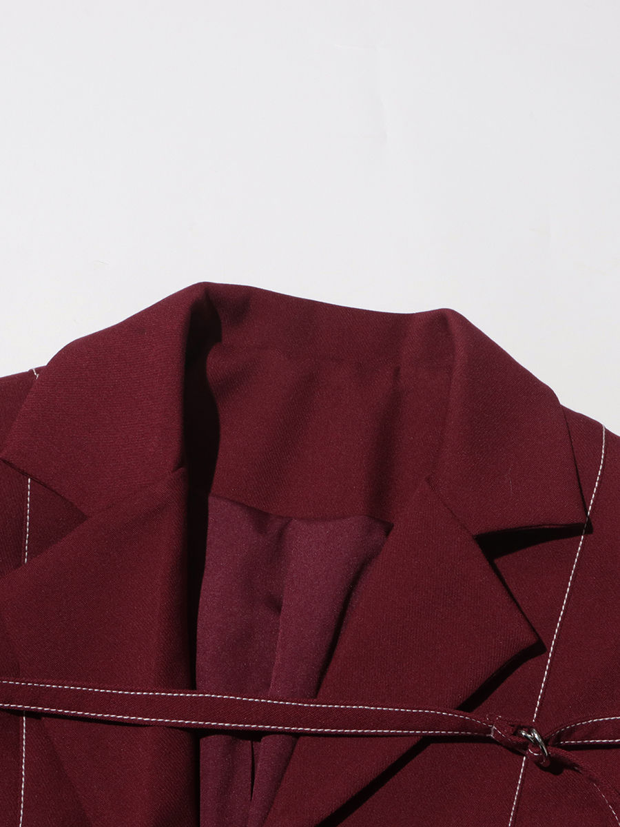 Thumbnail: TWOTWINSTYLE Burgundy Two Piece Set For Women Notched Collar Long Sleeve Top Hig