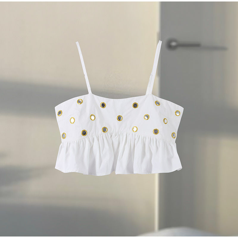 Thumbnail: Hollow Out Crop Tank Pleated Skirt Sets Women Ring Bead Strap Sleeveless Backles