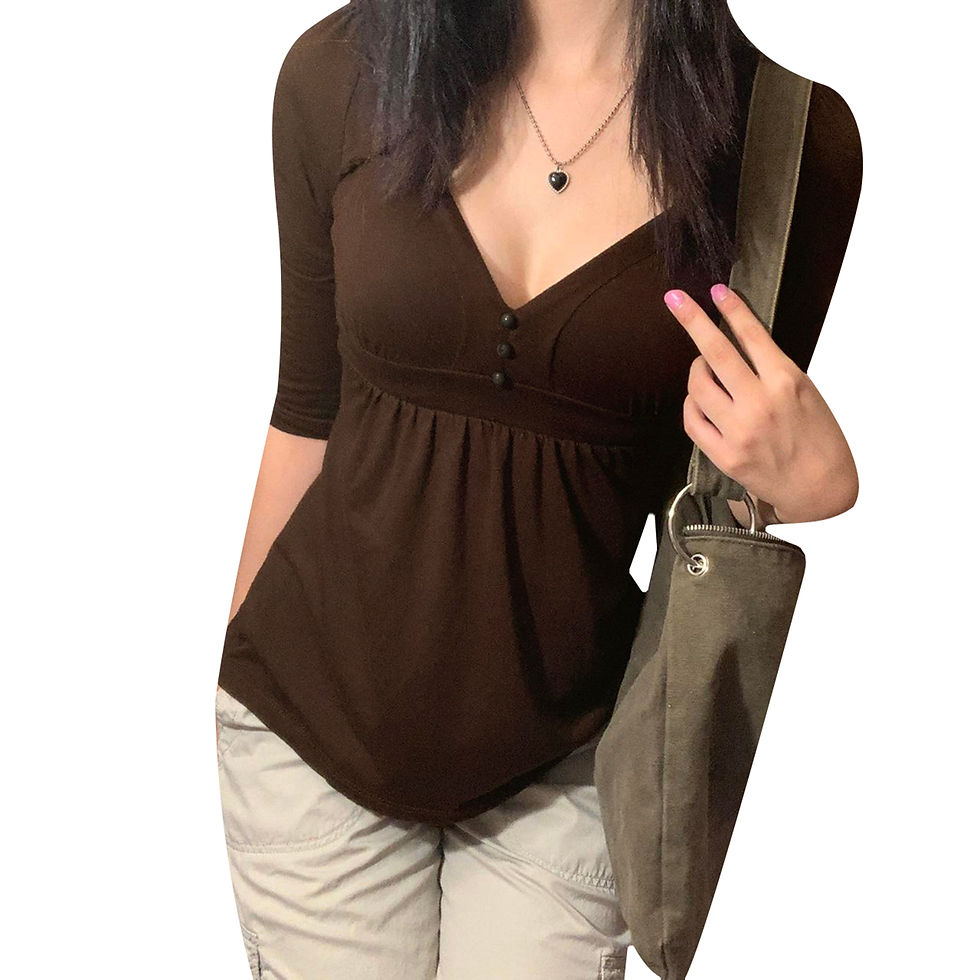Thumbnail: 2000s Women's Clothing Solid Color Shirt, Elbow Length Sleeve V-neck Button Deco