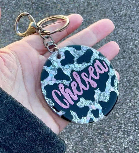 Thumbnail: Custom Glitter Cow Print Keychain - 2”, 2.5”, or 3”