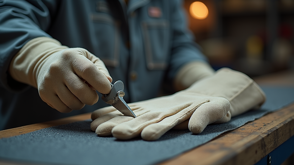 Nahaufnahme von Schweißhandschuhen und Baumwollkleidung auf Werkbank
