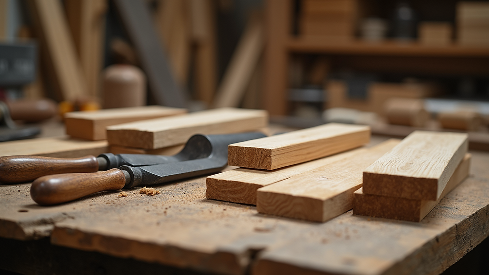 close-up view of woodworking tools and wooden planks on a workbench