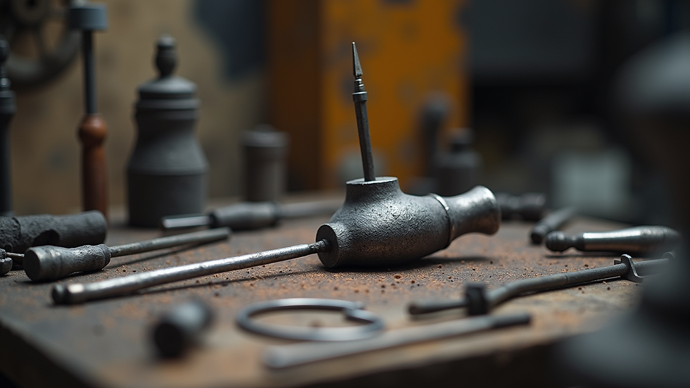 Close-up view of metalworking tools and a partially completed metal sculpture on a workbench