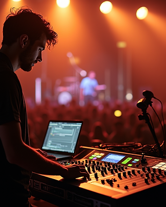 A professional-audio-engineer-inspecting-a-sound-system-in-a-concert-venue-with-warm-works
