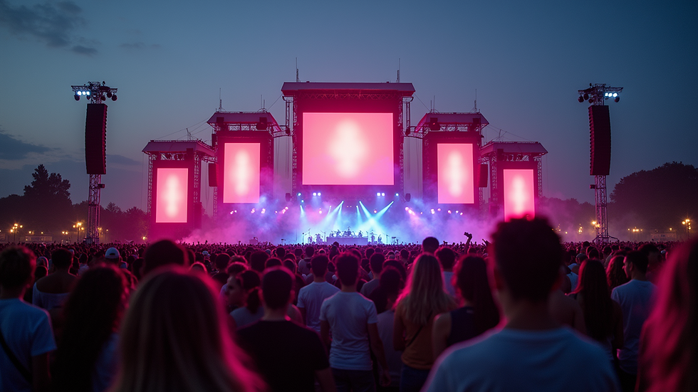 Eye-level view of a large outdoor LED screen setup at a music festival