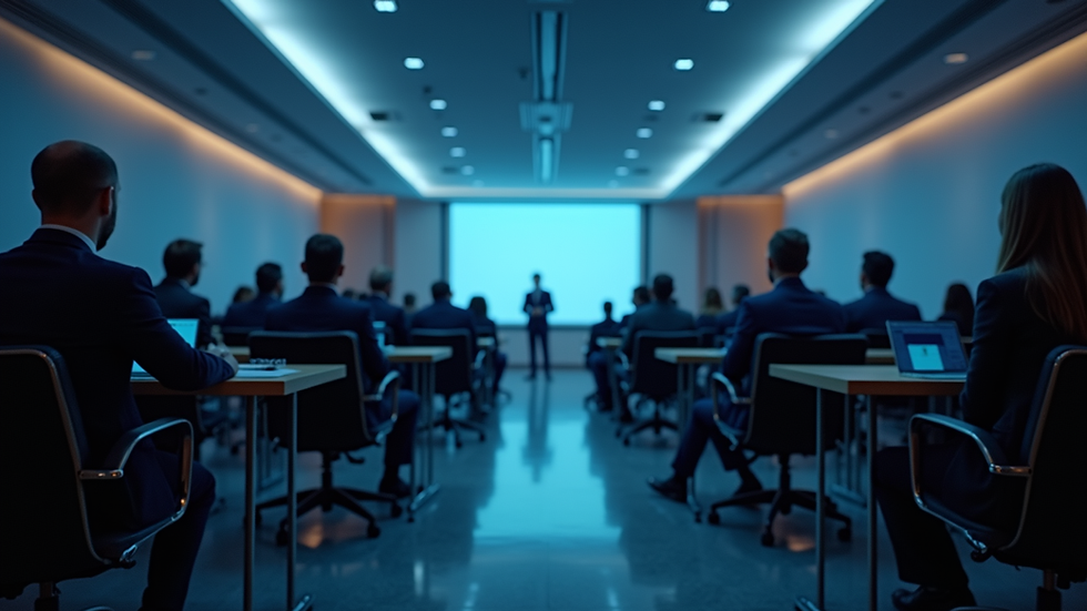 Eye-level view of a conference room set up for a cybersecurity seminar