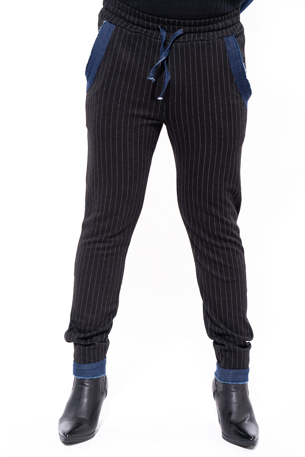 Thumbnail: MEN'S PINSTRIPE TROUSERS WITH JEANS INSERTS