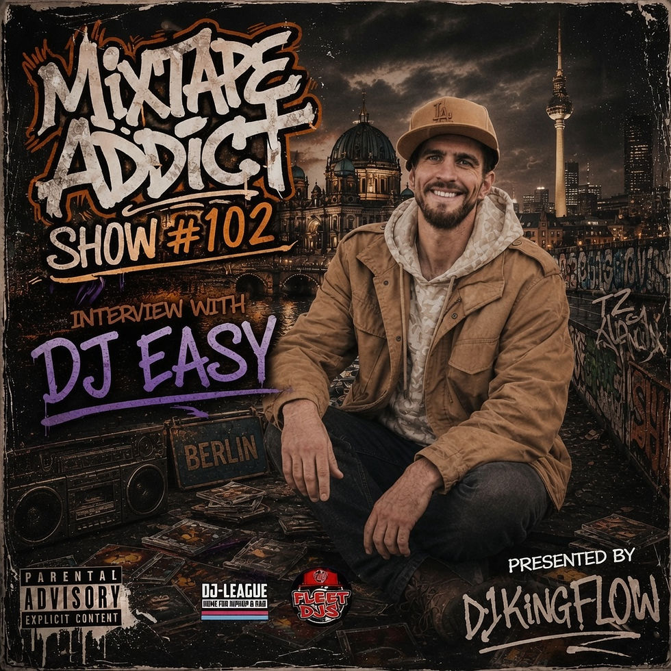 Mixtape Addict Show #102 cover art featuring DJ Easy seated among cassette tapes against a dark Berlin cityscape backdrop, presented by DJ King Flow.