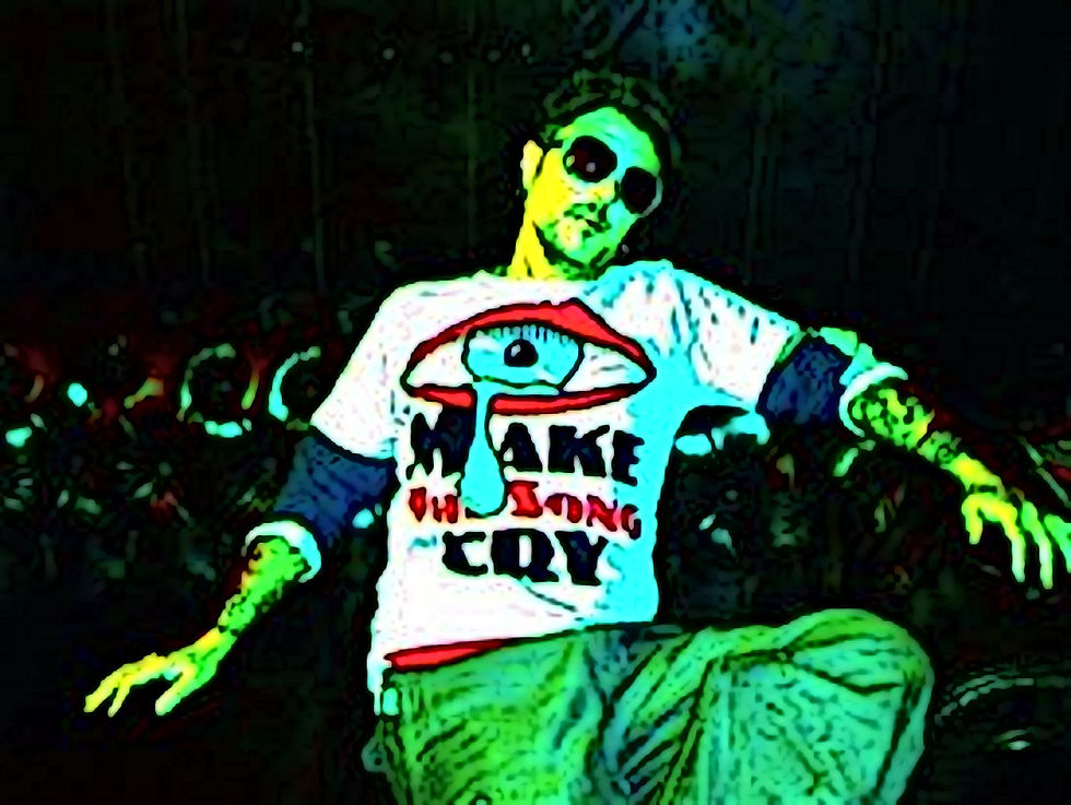 Italian DJ and Producer El Brujo in a colourised and Cartoon effect image sitting and wearing sunglasses and a flat cap, colour image.