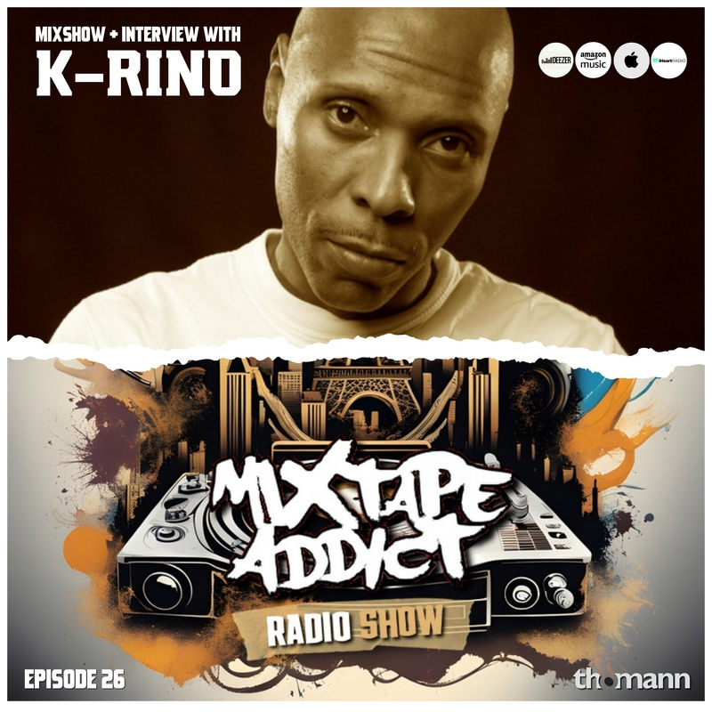 American hip-hop rapper and producer K-Rino standing in upper part of picture looking straight at camera with a torn paper effect, with DJ King Flows Mixtape Addict logo underneath, colour main cover image.