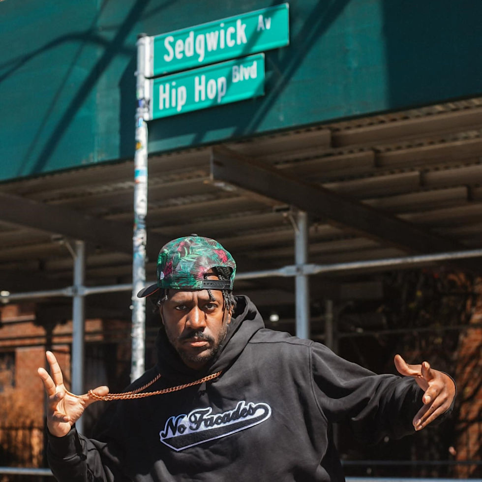 American rapper and producer Chaundon a.k.a Finian St Omer II standing on Sedgwick Avenue (Hip Hop boulevard) in the Bronx, New York, USA.