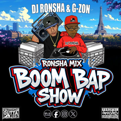 French DJs and producers G-Zon and Ronsha depicted in a cartoon style, standing in Paris with graffiti as the backdrop, G-Zon holding a ghetto blaster on his shoulder, and Ronsha carrying a turntable, all in a vibrant color image.