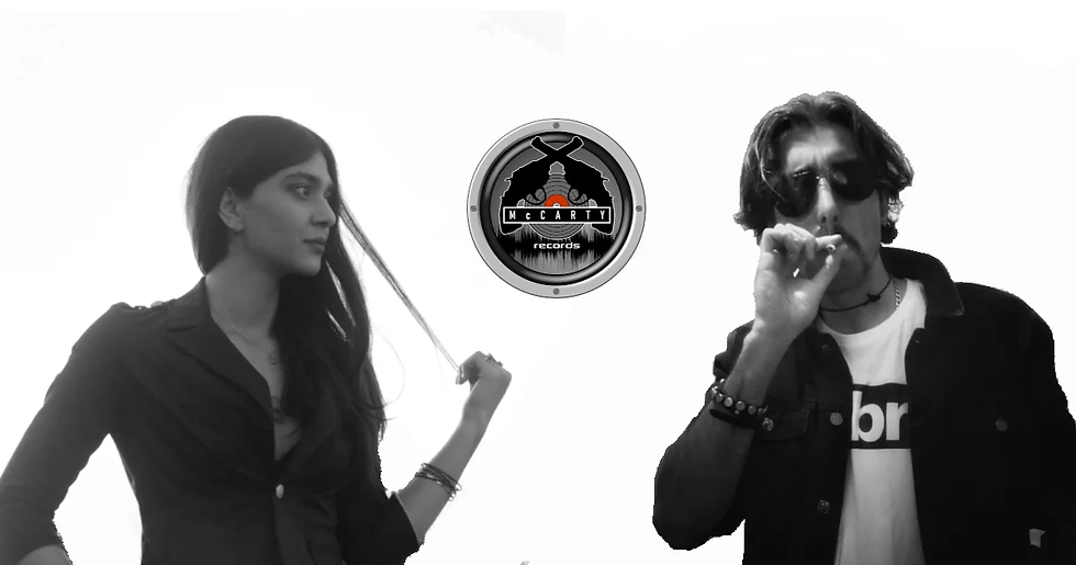 Iranian DJs and Producers Qazal Dalir and Dadgar standing side by side with McCarty Records logo in middle, Black and white with colour logo.