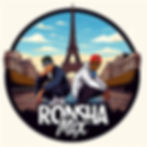 French DJs and producers G-Zon and Ronsha in a cartoon depiction of themselves squatting in a street in Paris with the Eiffel Tower behind them, colour image.