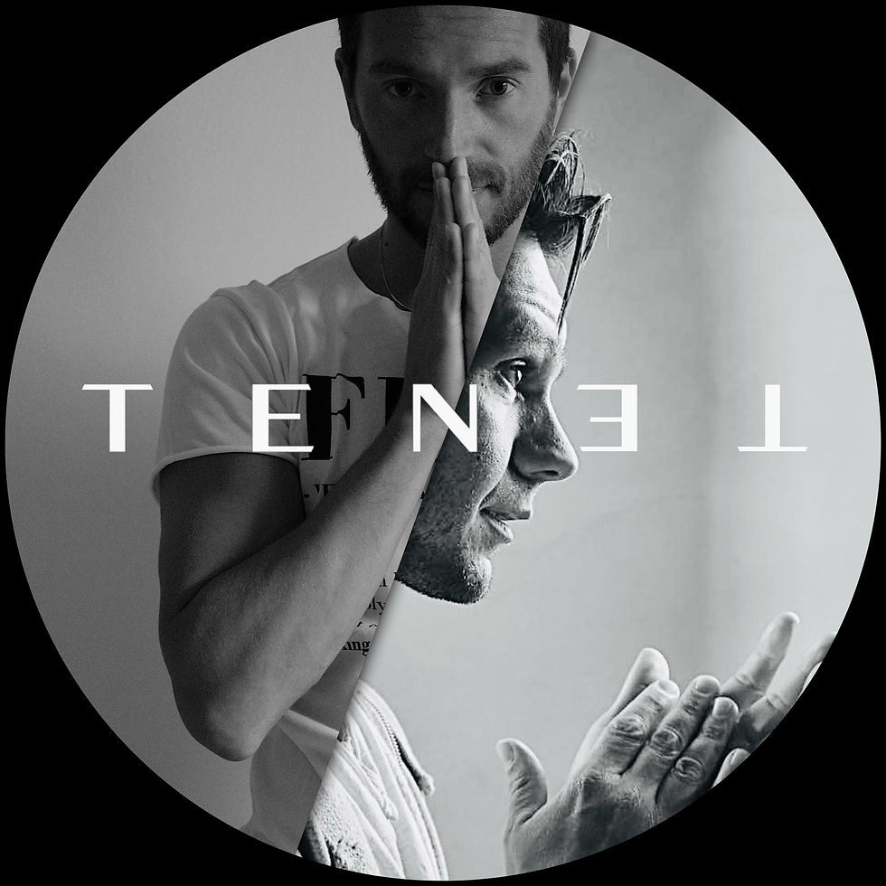 Italian production duo Tenet side by side in a digonal profile picture with their logo in the middle, colour image.