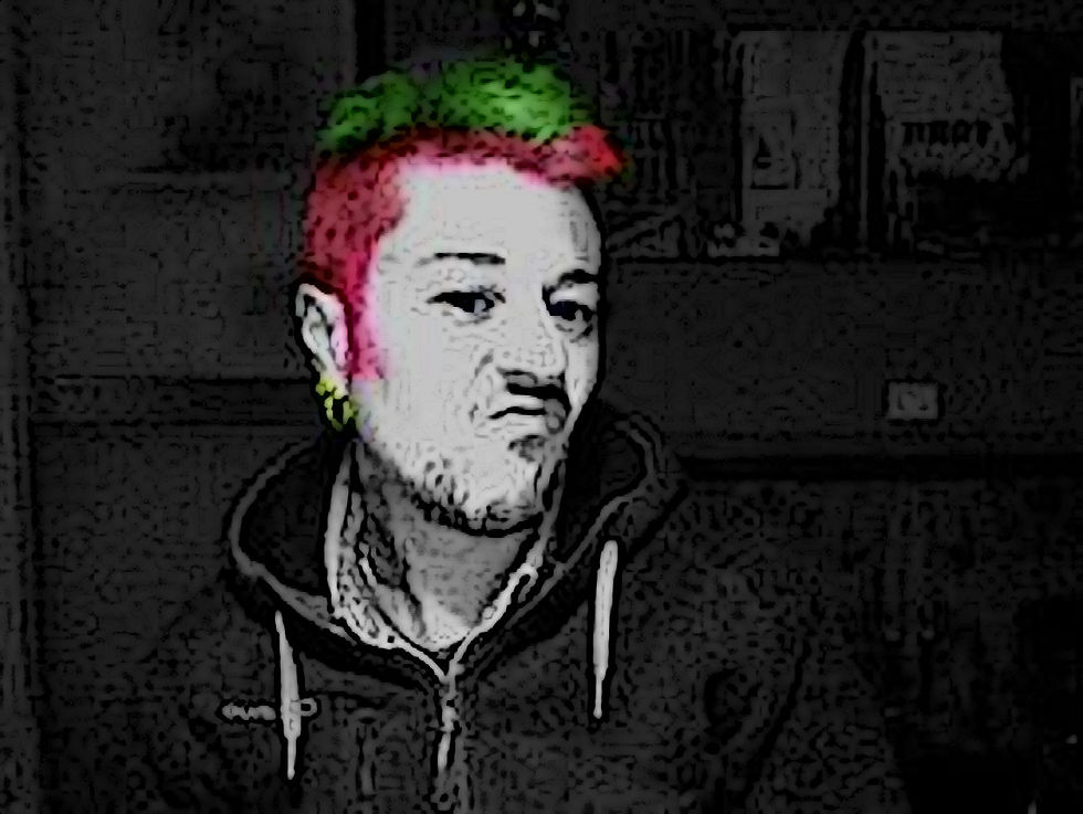 Italian Dj and producer El Brujo in black and white cartoon shot with colouration in pink and green to his hair.