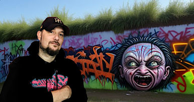 French DJ and videographer DJ Phoenixx posing in front of a wall adorned with Halloween graffiti, captured in a color image