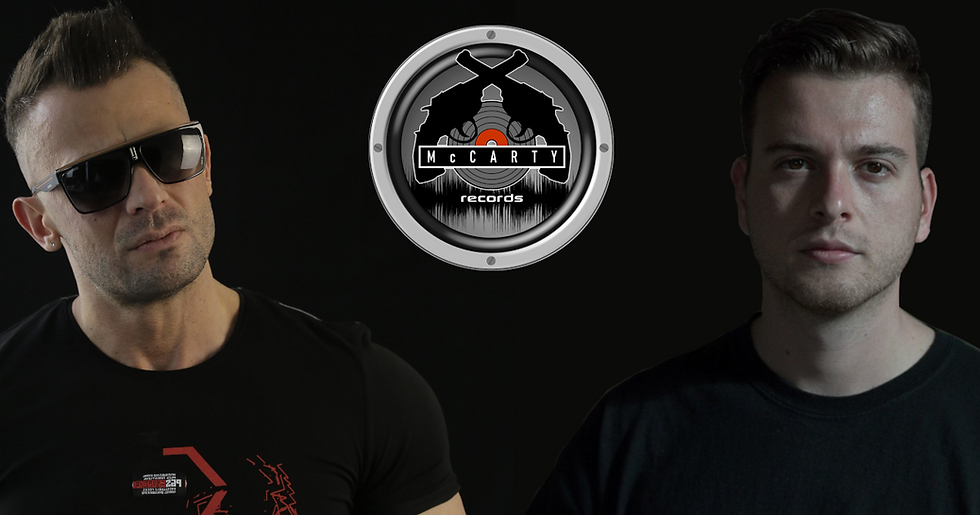 Turkish DJ Fatih Şipka and Greek DJ Toquito standing next to the McCarty Records Logo, colour image on black background.