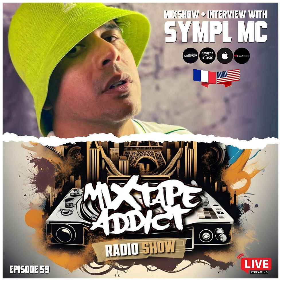 American rapper SympL in the upper part of the picture wearing a fluorescent yellowish green Kangol hat, looking slightly over his left shoulder at the camera with a torn paper effect between him and the lower part of the picture with DJ King Flows Mixtape Addict and sponsor logos, colour image