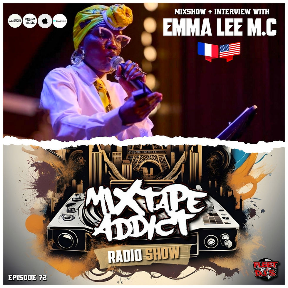 At the top of the image, Ugandan American activist and rapper Emma Lee MC is standing and performing at an event, holding a microphone in her left hand. She's dressed formally in a pinkish-purple shirt, an African headdress, and glasses. The bottom section features DJ King Flows along with the Mixtape Addict and sponsor logos, all set against a torn paper-style background. The image is vibrant and full of color.