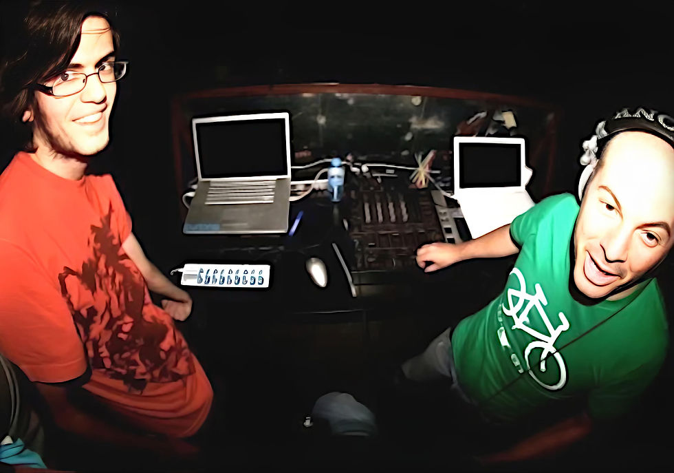 Stefano Ugliano and Marco Mei (Bicycle Corporation) performing as producers at an event in Italy, colour Image.
