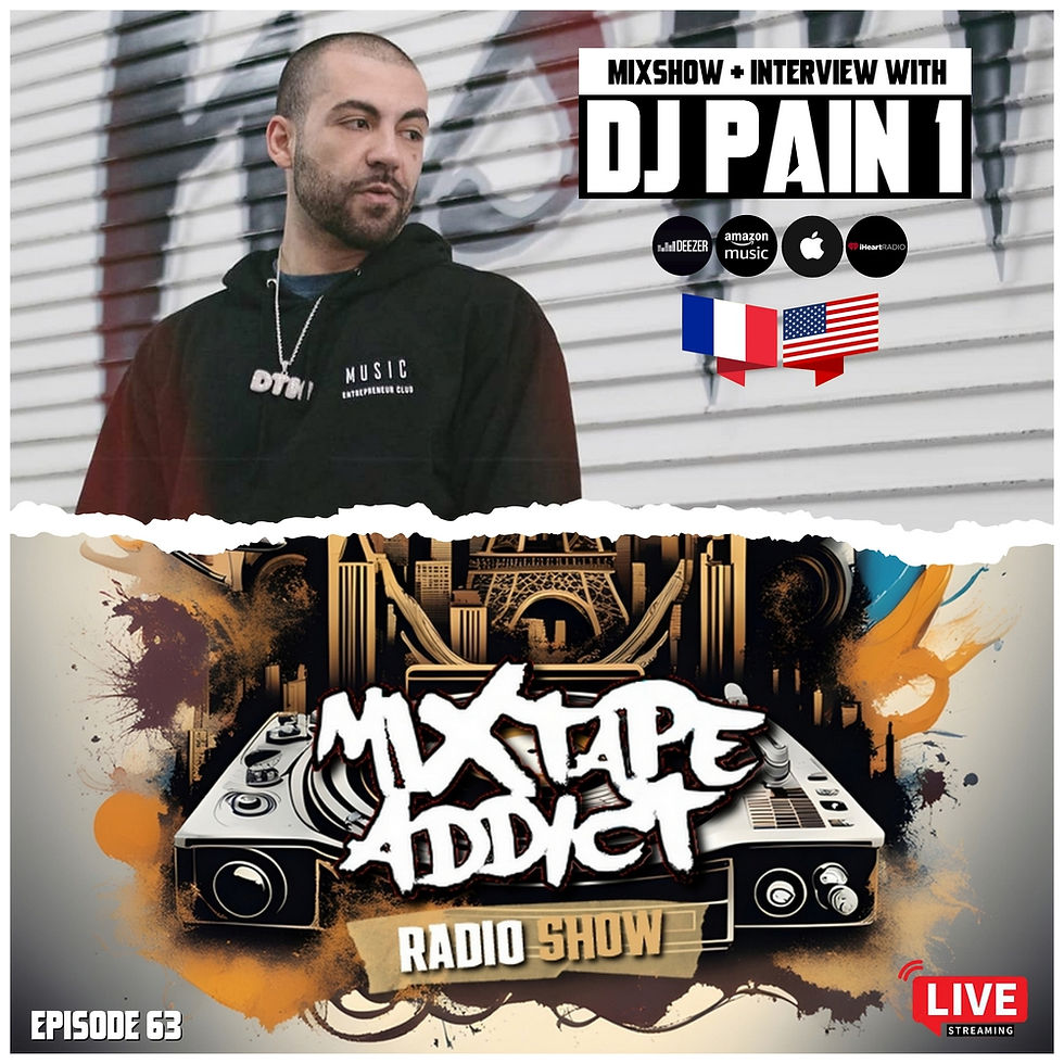 In the upper part of the picture, American DJ and producer DJ Pain 1 is wearing a hoodie and a thick chain, he is looking over his left shoulder and standing in front of a shutter covered in graffiti. The lower part of the picture features DJ King Flows, along with the Mixtape Addict and sponsor logos, all set against a torn paper effect; the image is in colour.