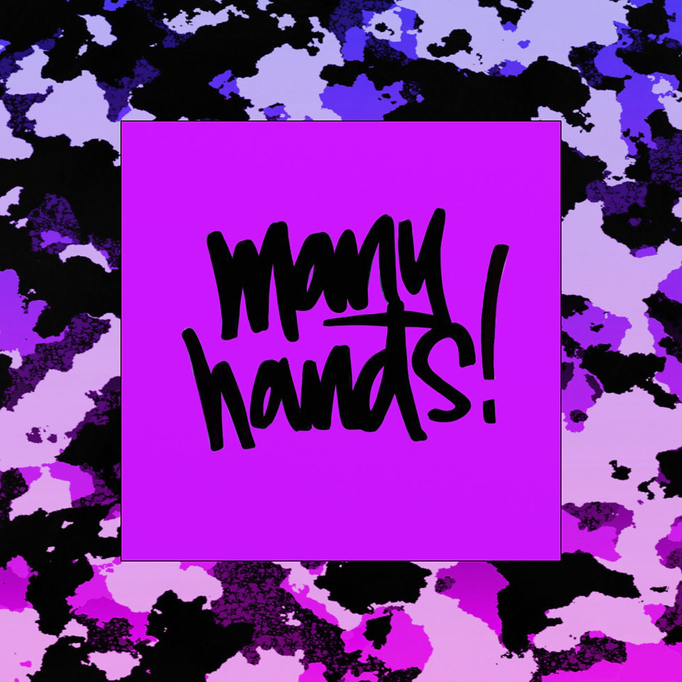 Berlin DJ Duo Many Hands Logo on a purple, grey and black background of camoflage.