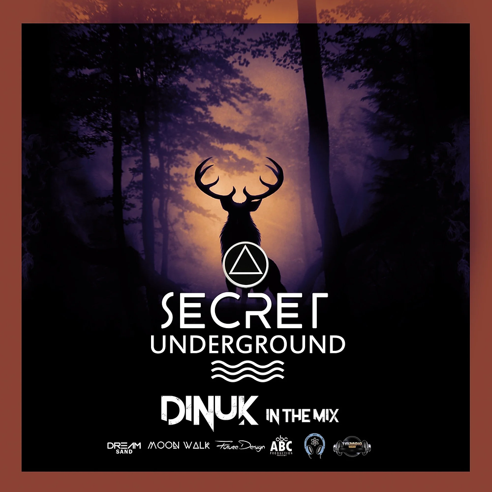 Sri Lankan DJ Dinuk logo for Secret underground featuring a male Deer in the Forest with a sunset glow and logos underneath, colour image.
