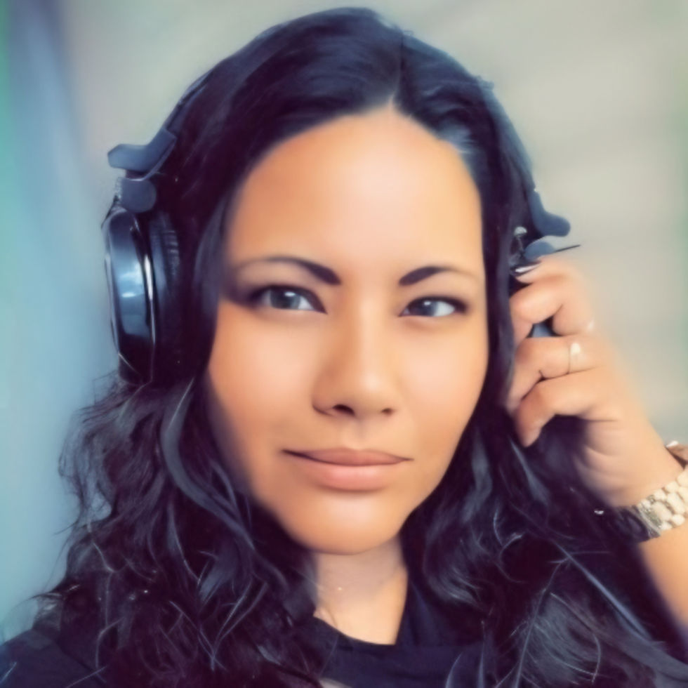 American DJ and producer RoseRed stands facing the camera, holding the left ear cup of her headphones in a colorful facial image shot.