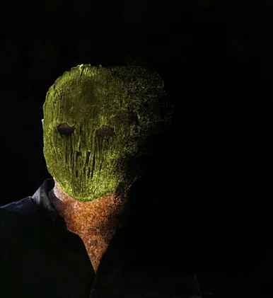 Dark portrait artwork of Mexican DJ and producer Muuk’ with a textured green face effect, representing his underground electronic music sound and work as founder of Mechanic and Tropic.
