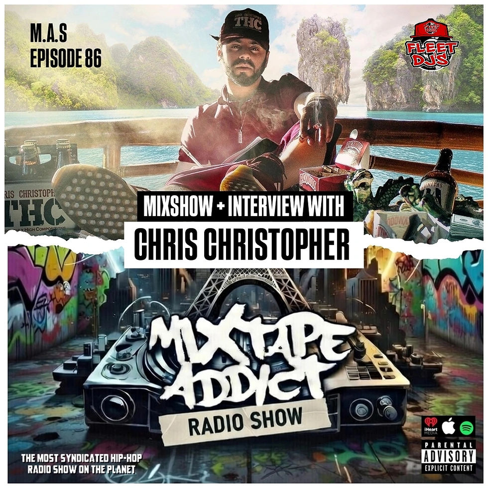 Mixtape Addict Radio Show episode 86 artwork featuring guest Chris Christopher, showing a relaxed waterfront scene above the Mixtape Addict logo with Fleet DJs branding and interview announcement.