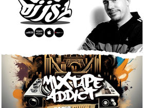 American hip-hop DJ and producer DJ JS-1 standing in upper part of picture looking straight at camera with a torn paper effect, with DJ King Flows Mixtape Addict logo underneath, colour main cover image.