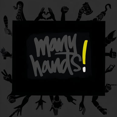 Many Hands Black Lives Matter logo featuring various hands encircling the classic text design, in black and grey with a yellow exclamation mark.