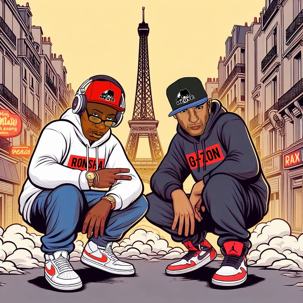 Cartoon image of DJ Ronsha & G-Zon in front of the Eiffell Tower in Paris, colour image.