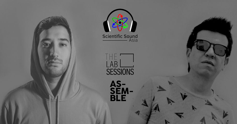 Promotional image for The Lab Sessions Assemble 25 featuring guest DJs Ni.not and Mar-k, with black-and-white artist portraits and Scientific Sound Asia and The Lab Sessions logos.