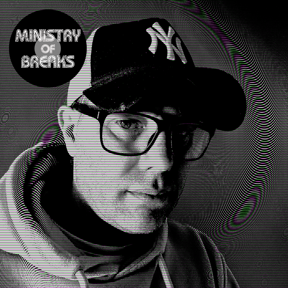 British DJ and producer Blaze DJ with his ministry of breaks logo, in a warped shot in black and white.